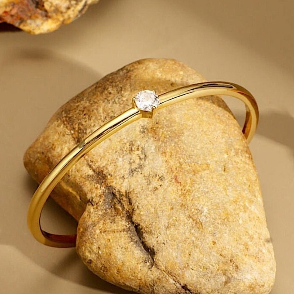Gold Solitaire Zircon Cuff Bangle Simple Plain Adjustable Bracelet